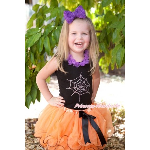Halloween Black Baby Pettitop with Sparkle Crystal Bling Purple Minnie Print with Dark Purple Chiffon Lacing with Black Bow Orange Petal Newborn Pettiskirt NG1252 